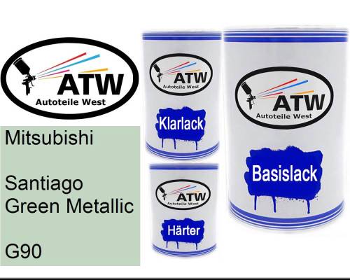 Mitsubishi, Santiago Green Metallic, G90: 500ml Lackdose + 500ml Klarlack + 250ml Härter - Set, von ATW Autoteile West.